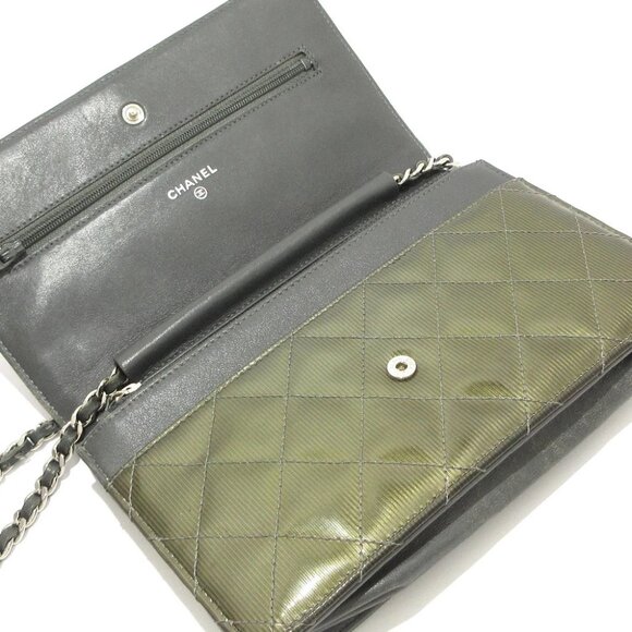 Auth CHANEL Matelasse - Khaki Gray Patent Leather Leather Other Style Wallet - Picture 2 of 13